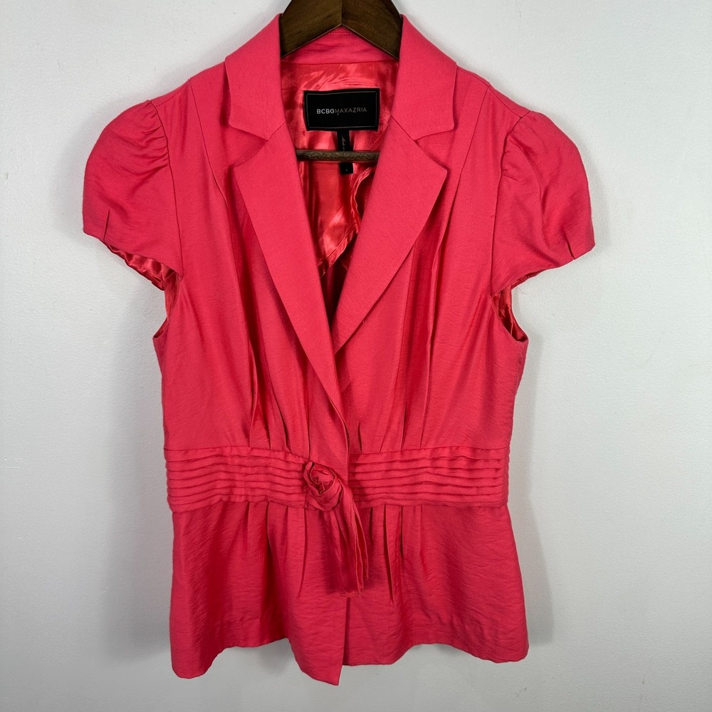 BCBGMAXAZRIA Top S Coral Peplum Blazer Blouse Rosette Waist Indie Sleaze Career‎